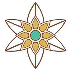 Stylized six pointed floral emblem with a teal center and yellow petals isolated on transparent background