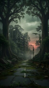 Sunset in the forest street abandoned 