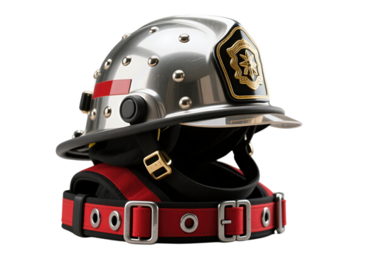 Shiny Firefighter Helmet With Red and Black Safety Belt