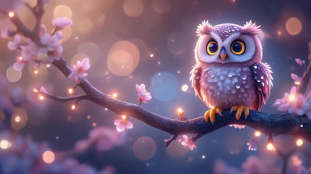 Cartoon owl perched on branch with blossom flowers and bokeh effect