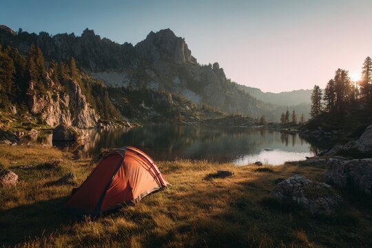 Traveler camping with tent near alpine lake