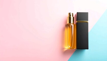 Luxury gold and black perfume spray bottle and packaging mockup on a stylish, diagonal background of soft pink and aqua blue, perfect for high-end beauty, cosmetic, and fragrance product presentations