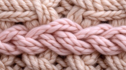 Soft woolen sweater texture showcases intricate cable designs in light brown and peach pink tones. This cozy fabric exudes warmth, perfect for textiles like throw blankets and wallpapers
