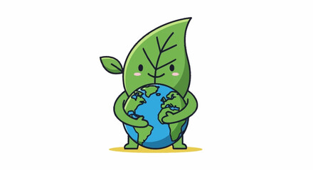 Cute leaf character embracing the Earth, promoting environmental protection and sustainability, use this image for eco-friendly campaigns and green initiatives