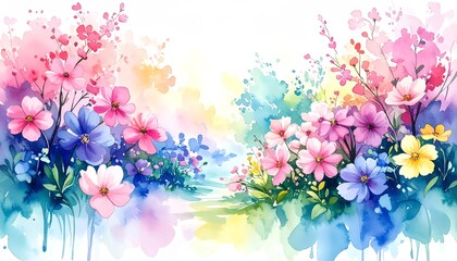 Vibrant, joyful spring flower border painted in a bright watercolor style, featuring pink, blue, purple, and yellow blossoms with expressive splashes, ideal for wedding invitations greeting cards