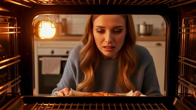 Inside the oven, a blonde woman with heavy makeup looks horrified and disgusted as she checks on her burnt cake. The moment captures the disappointment of a baking mishap.