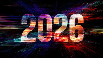 Happy New Year 2026 text design with abstract speed lines background. Sparkling colorful numbers 2026.