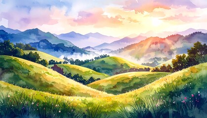 Idyllic watercolor landscape painting of rolling green hills and sunlit valleys under a vibrant sunset or sunrise sky, capturing the peaceful serenity of the countryside, travel, environmental beauty