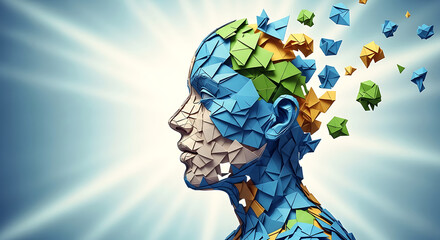 Abstract human head shattering, fragmented mind, innovative thinking process