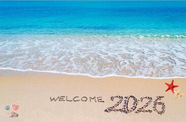 Welcome 2026 written on the sand