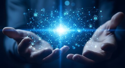 Hands holding digital data cloud with glowing light and cybersecurity icons