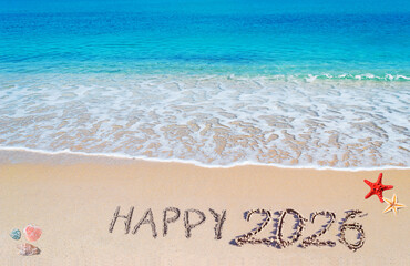Happy 2026 written on the sand