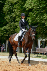 Obraz premium Equestrian sport, horse and rider in dressage competition, woman riding horse in outdoor arena, training and performance, equine event, sunny day, natural light, action shot.