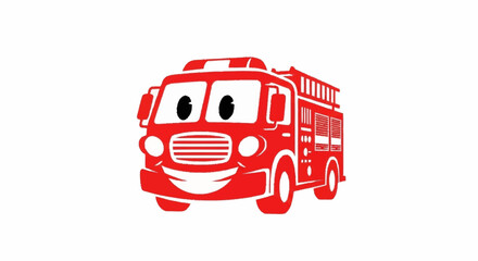 Cheerful cartoon fire truck illustration ready for action in bright red color scheme, perfect for children's books or safety campaigns