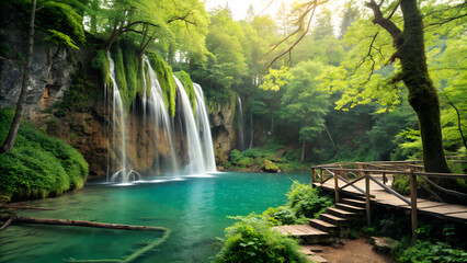 Waterfall cascading into a turquoise pool in plitvice lakes national park, croatia