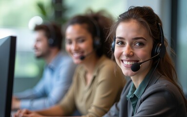 Call center worker accompanied by her team. High quality