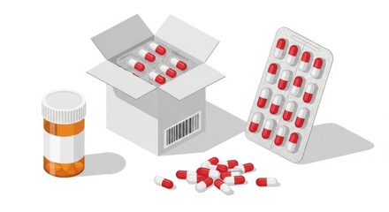 Pharmaceutical packaging and medication display isometric illustration