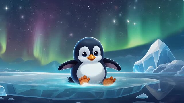 Cartoon penguin on ice floe with aurora borealis background
