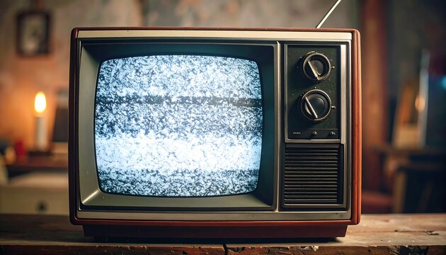Retro TV showing static noise sits atop a wood surface in a room with blurred background and soft light