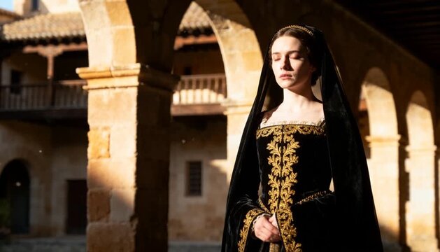 Medieval Noblewoman in Stone Courtyard &ndash; Cinematic Portrait Shot