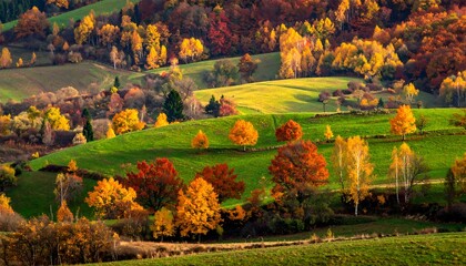 Rolling green hills interspersed with vibrant autumn trees in a serene, colorful landscape