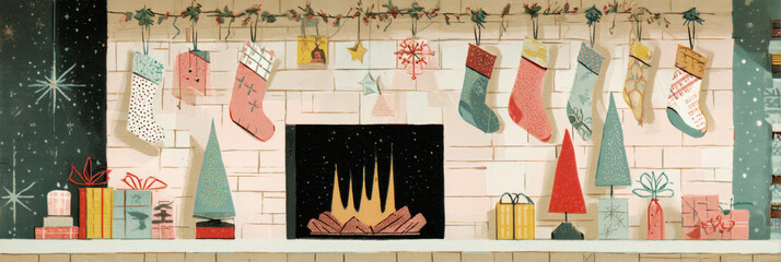 A festive living room features a crackling fireplace, colorful stockings, a decorated Christmas tree, and neatly wrapped gifts, capturing the retro spirit of the 50s and 60s, banner