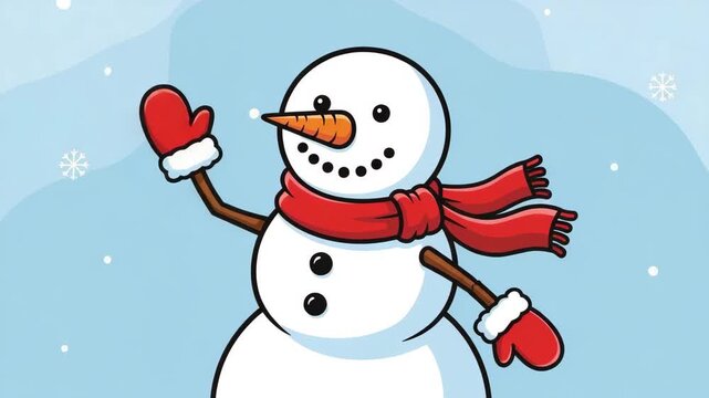 Happy cartoon snowman character wearing red scarf and mittens waving hand hello isolated on light blue winter background vector style illustration

