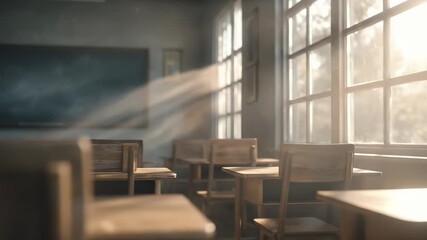 The image shows a quiet classroom with empty wooden desks arranged neatly under sunlight. This classroom features a large blackboard and bright windows allowing light to enter. - Powered by Adobe