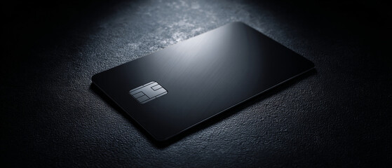 A sleek, black credit card with a chip on the right side of it is sitting in front of a laptop computer that has its screen facing down and turned off.