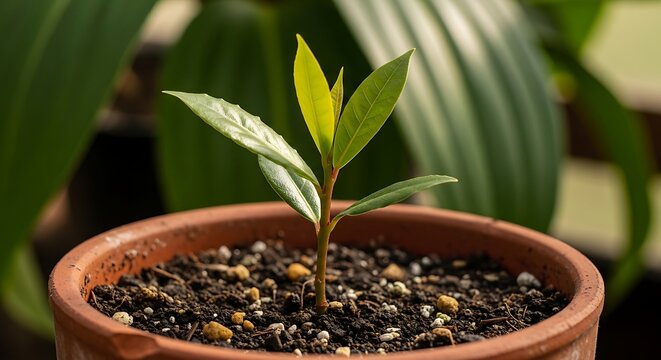 Vibrant Young Plant Sprout Growing in Terracotta Pot Indoors