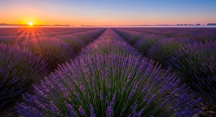 Vast Lavender Field at Sunrise with Golden Sunburst and Mist