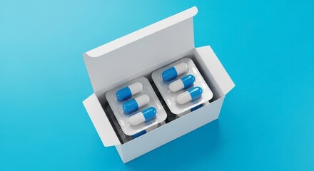 Two blister packs of blue and white capsules in an open white box