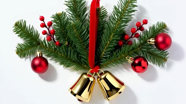 Traditional golden jingle bells swinging with red berries and spruce branches. A classic Christmas Eve decoration concept isolated on white. 4k animation