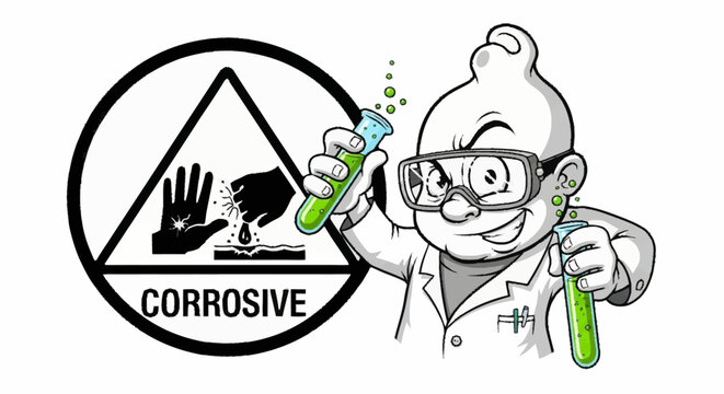 Mad scientist cartoon character with corrosive substance warning, perfect for science education materials or safety campaigns with a fun, engaging twist