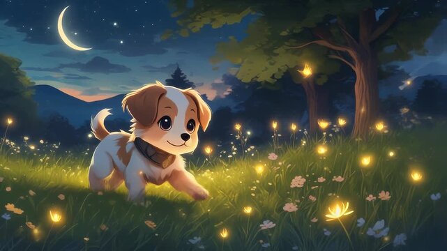 Cartoon puppy in a magical forest at night with glowing lights