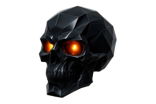 Black geometric skull with glowing orange eyes and faceted design representing death, cybernetics, and futuristic themes