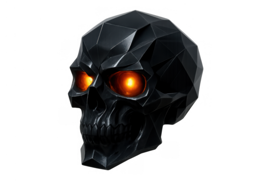 Black geometric skull with glowing orange eyes and faceted design representing death, cybernetics, and futuristic themes