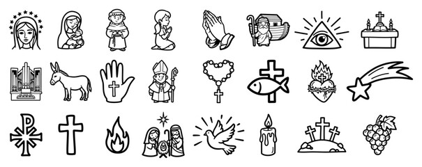 Set of Christian Religious Icons in Outline Vector Style