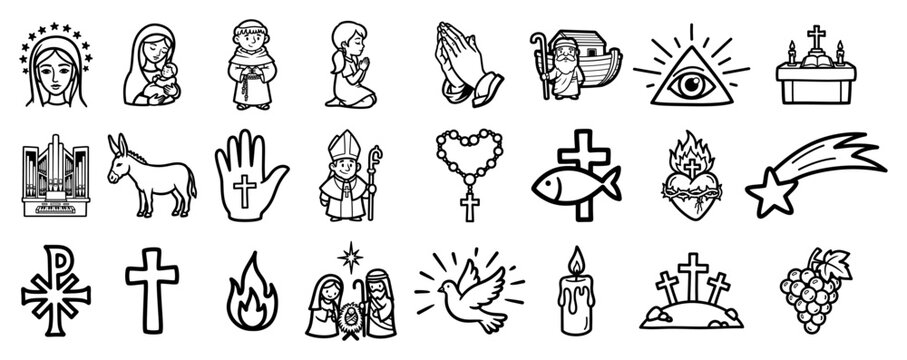 Set of Christian Religious Icons in Outline Vector Style