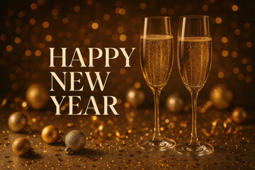 Elegant New Year celebration scene with two sparkling champagne glasses, golden ornaments and festive bokeh lights featuring Happy New Year text