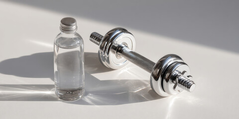 A bottle of water and a dumbbell on the table, with sunlight casting shadows behind them