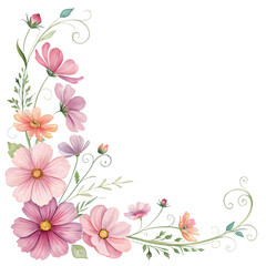 Fototapeta premium Delicate pink and peach floral corner design with swirling vines