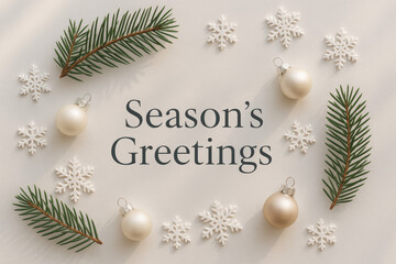 Minimal winter holiday greeting scene with pine branches, white ornaments and delicate snowflakes arranged around elegant Season’s Greetings text