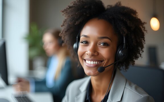 Call center, telemarketing and black woman in customer service office with headset, smile and happiness. Face of female contact us, CRM and sales consultant with a smile for to talk, support and help