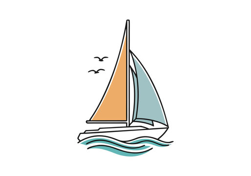 Minimalist sailboat on calm waves with flying seagulls, a tranquil vector illustration for travel and leisure concepts, clean graphic design
