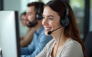Smiling female mentor in wireless headset teaching call center operator intern close up, coach training customer support service staff, using computer, consulting client on phone, horizontal photo