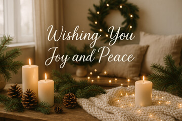 Warm cozy holiday scene with glowing candles, pine branches and soft lights, featuring elegant Wishing You Joy and Peace text in a serene festive atmosphere