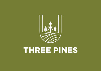 Minimalist vector logo design featuring three pine trees within a stylized 'U' shape, perfect for natural branding concepts