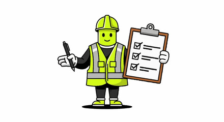 Fototapeta premium Safety inspector reviewing checklist with pen in hand, ensuring compliance and quality control on a construction site, promoting safety and efficiency