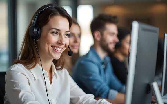 Smiling female mentor in wireless headset teaching call center operator intern close up, coach training customer support service staff, using computer, consulting client on phone, horizontal photo - Powered by Adobe